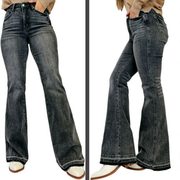 Judy Blue Washed Gray Mid Rise Tummy Control Release Hem Flare Jeans NWT - Picture 2 of 15